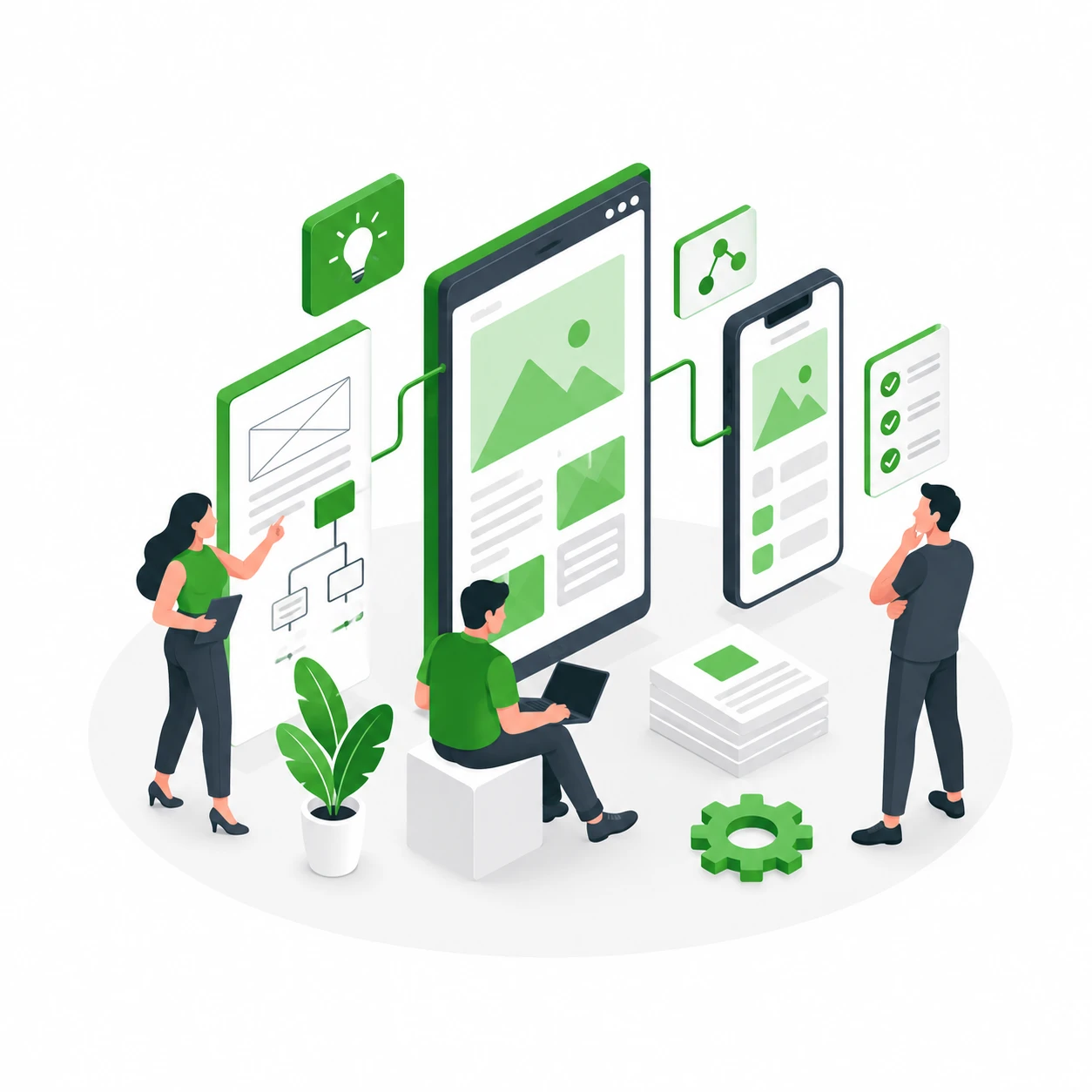 Illustration of a team planning a digital product with screens, a flow diagram and a checklist