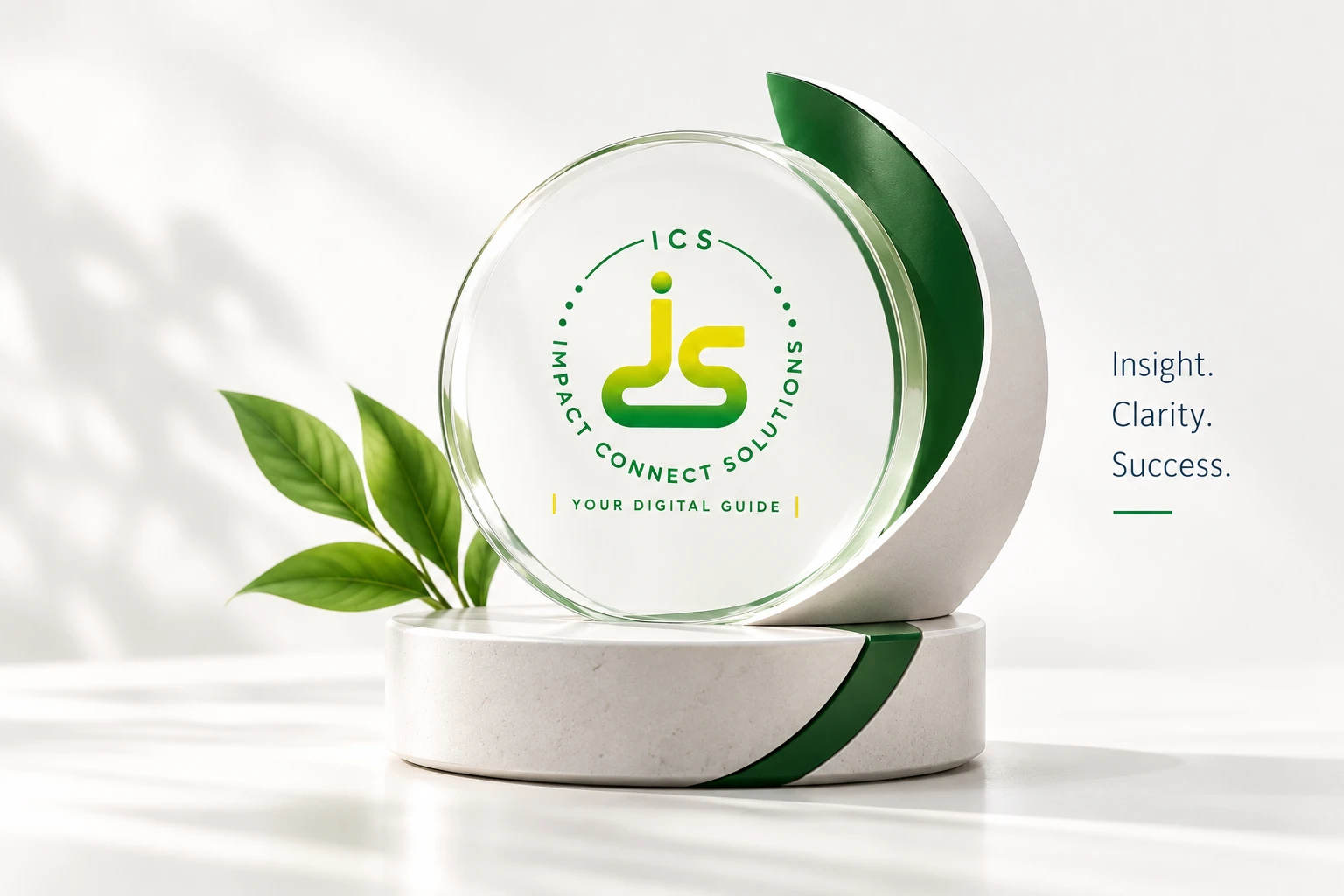 The ICS glass logo piece on a white stone base, with the words Insight. Clarity. Success.