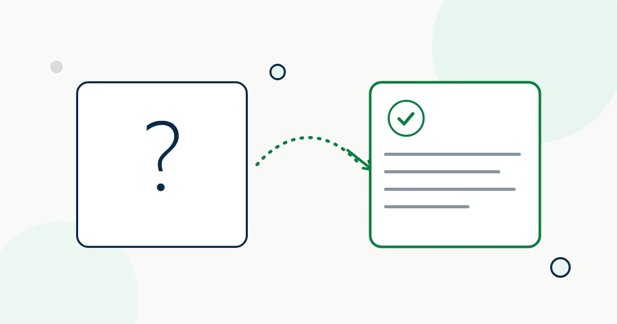 Illustration of a question card connected by a dotted arrow to a ticked answer card.
