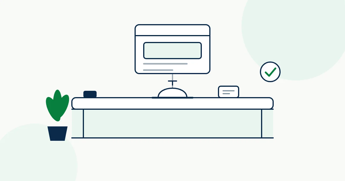 Illustration of a reception desk with a bell beneath a website screen, representing a homepage that welcomes and orients new visitors.